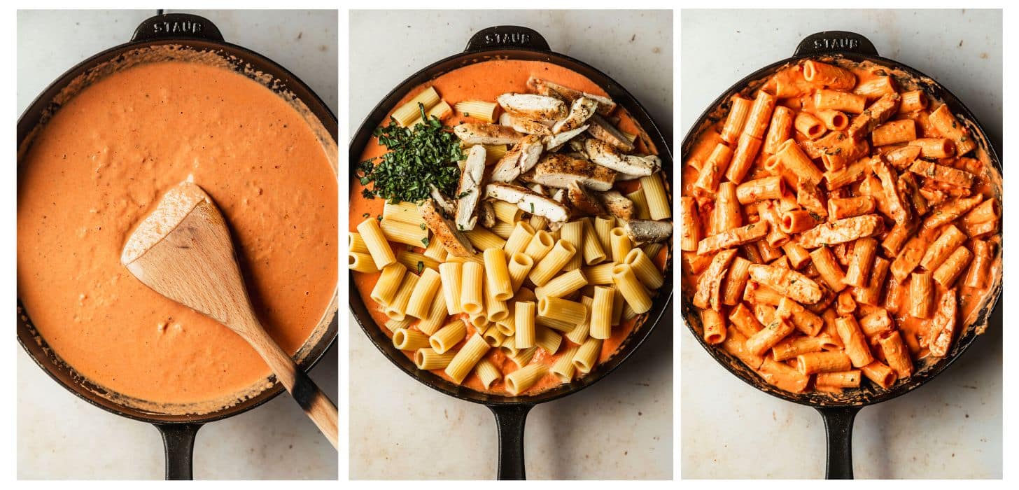 Three steps to making marry me chicken pasta. In photo 1, pasta sauce is in a black pan with a wood spoon. In photo 2, the sauce is topped with rigatoni, chicken, and basil. In photo 3, the pasta is mixed together.
