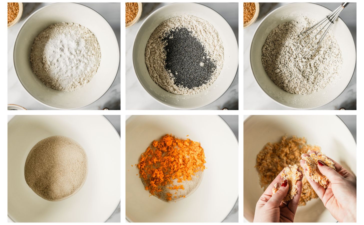 Six steps to making quick bread. In photo 1, a white bowl of flour on a white counter. In photo 2, the bowl has black seeds in it. In photo 3, a whisk is whisking the mixture together. In photo 4, a white bowl of sugar. In photo 5, the sugar is topped with citrus zest. In photo 6, hands are rubbing the sugar and zest together.