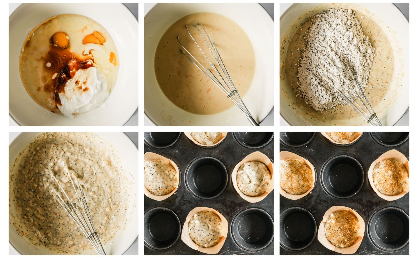 Six steps to making orange poppy seed muffins. In photo 1, a white bowl has sugar, oil, eggs, vanilla, and yogurt. In photo 2, the mixture is whisked. In photo 3, the bowl has flour in it. In photo 4, the bowl has batter in it. In photo 5, the batter is divided between muffin liners in a pan. In photo 6, the muffins are topped with raw sugar.