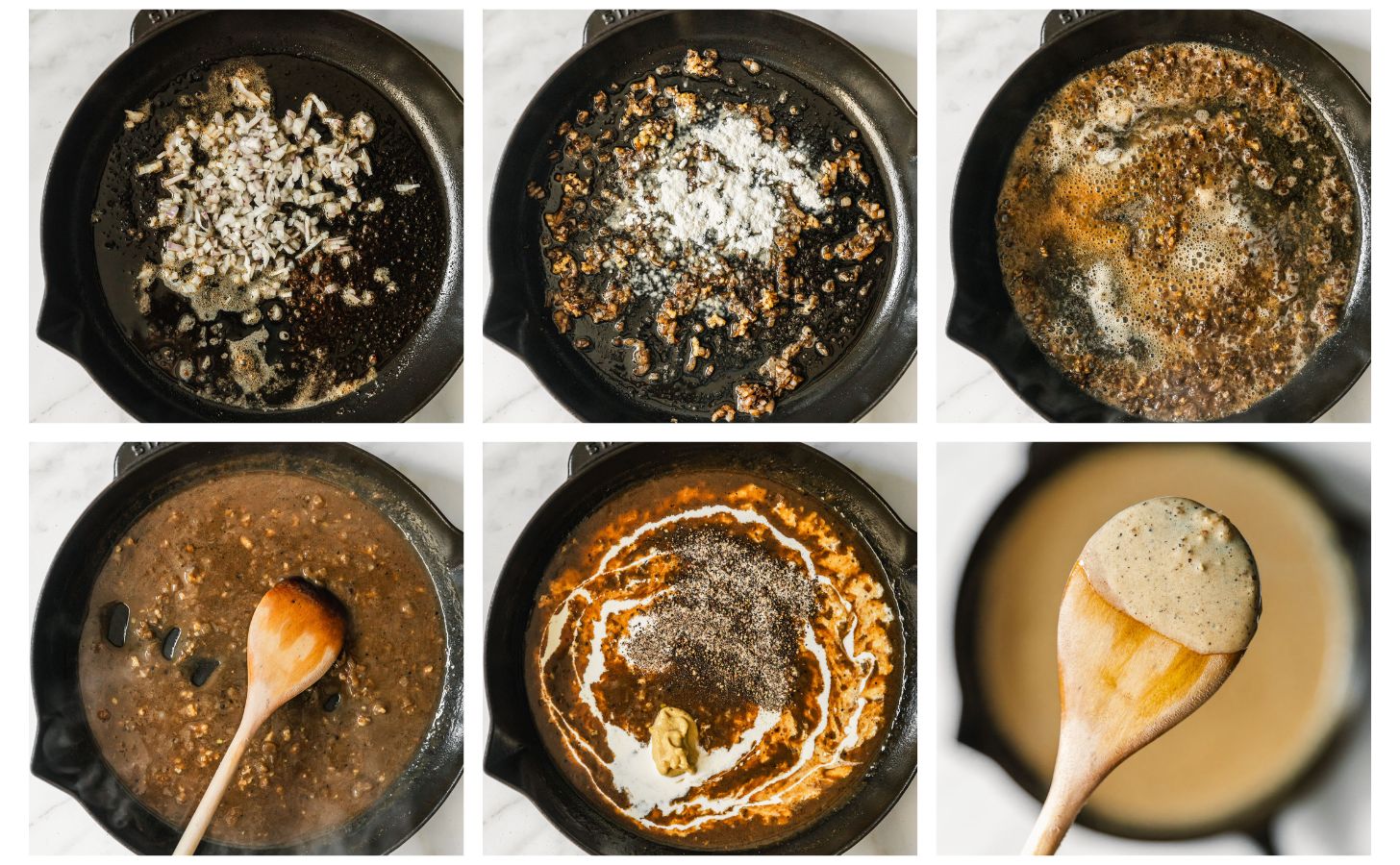 Six steps to making brandy peppercorn sauce. In photo 1, shallots are cooking in a cast iron skillet. In photo 2, the shallots are topped with flour. In photo 3, the pan has brandy in it. In photo 4, a wood spoon is stirring beef broth into the sauce. In photo 5, the sauce has cream, Dijon, and peppercorns. In photo 6, a wood spoon is coated in the sauce.