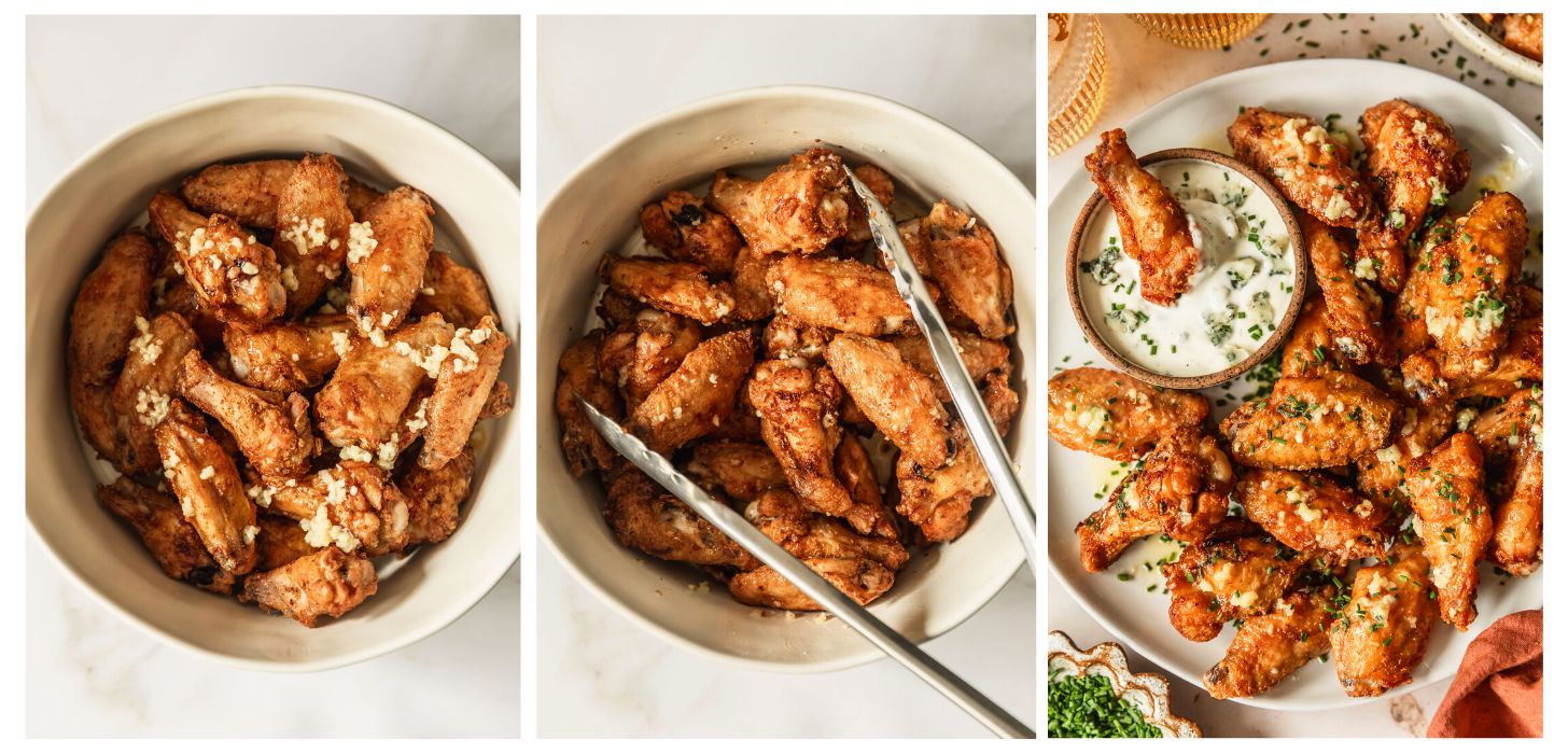 Three steps to tossing wings. In photo 1, a white bowl of wings are topped with sauce. In photo 2, tongs are tossing the wings. In photo 3, a white platter of wings is on a beige counter next to beer, a white bowl of chives, and an orange linen.