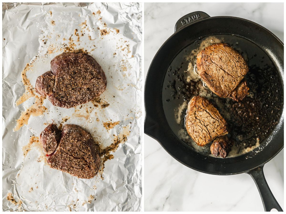 Two steps to reverse searing steaks. In photo 1, the steaks are baked. In photo 2, they're being seared in a cast iron skillet
