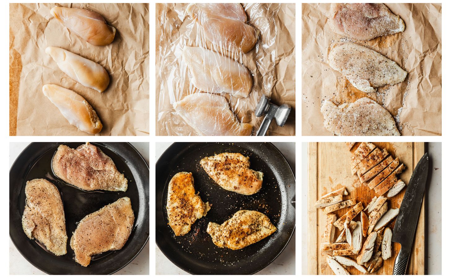Six steps to searing chicken. In photo 1, chicken breasts on parchment paper. In photo 2, the chicken breasts are tenderized. In photo 3, the chicken has salt and pepper. In photo 4, raw chicken is in a black pan. In photo 5, the chicken is cooked. In photo 6, the chicken is chopped on a wood board.