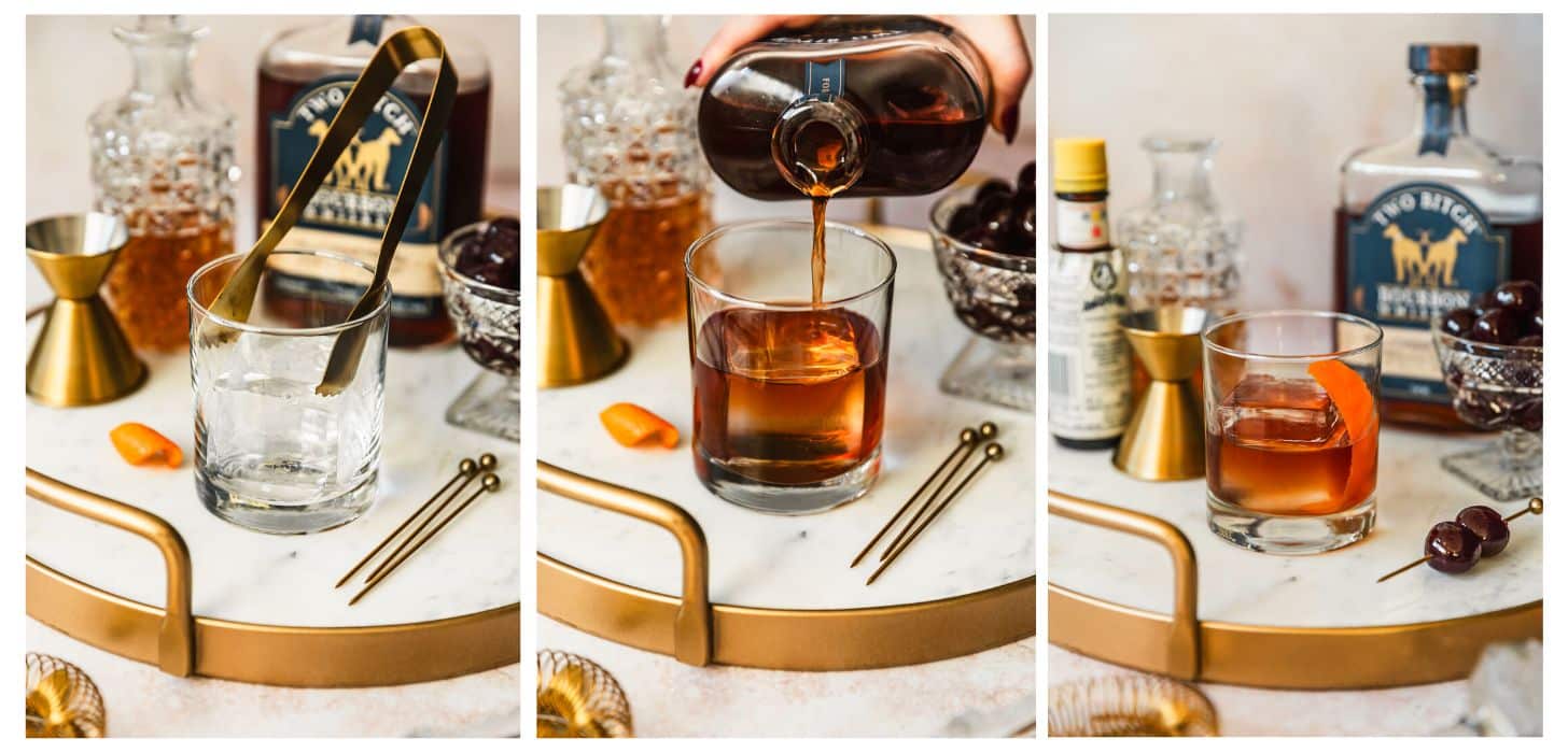 Three steps to making a whiskey cocktail. In photo 1, gold tongs place an ice cube in a rocks glass on a marble tray next to a bottle of whiskey, gold shot glass, and glass bowl of cherries. In photo 2, a hand is pouring whiskey from a bottle into the glass. In photo 3, the cocktail is garnished with an orange peel.