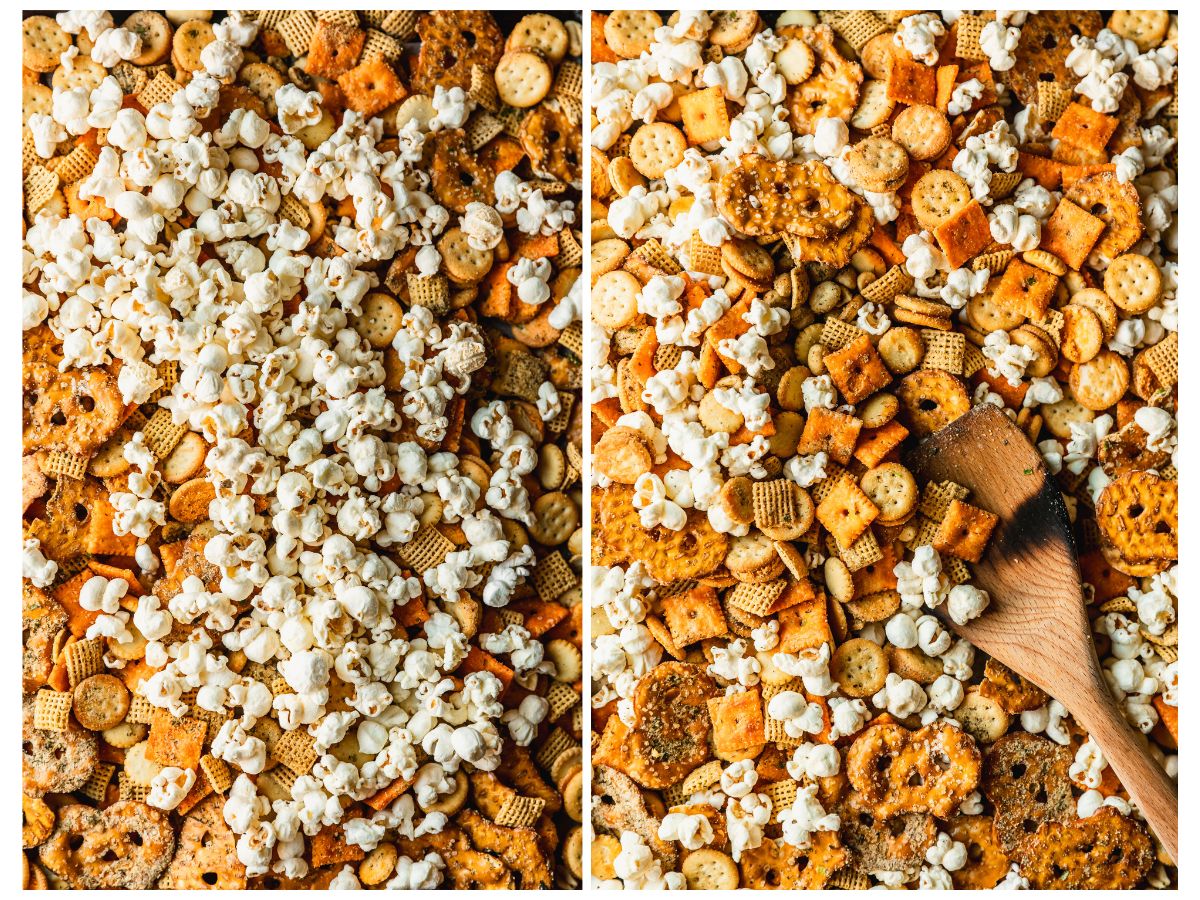 Two steps to adding popcorn to snack mix. In photo 1, white cheddar popcorn is on a pan of snack mix. In photo 2, a wood spoon tosses the mix together.