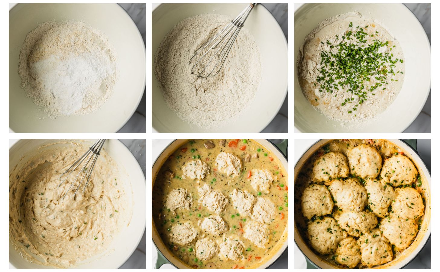 Six steps to making Dutch oven chicken and dumplings. In photo 1, a white bowl has flour and baking powder. In photo 2, the flour is whisked. In photo 3, the flour has buttermilk, an egg, butter, and chives. In photo 4, the batter is whisked. In photo 6, the batter is spooned into a Dutch oven with chicken soup. In photo 6, the dumplings are cooked through.