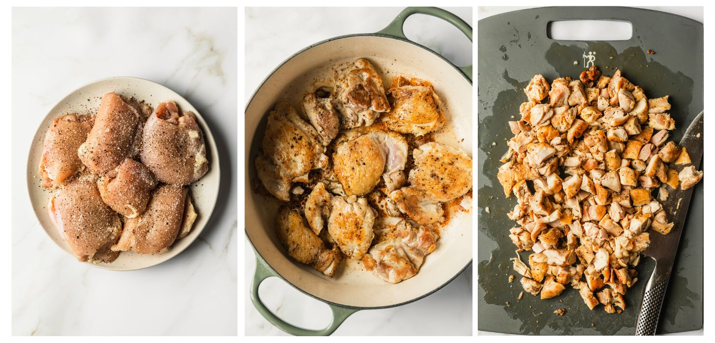 Three steps to searing chicken. In photo 1, a white plate of chicken with salt and pepper is on a white counter. In photo 2, the chicken is searing in a pot. In photo 3, the chicken is chopped on a cutting board.