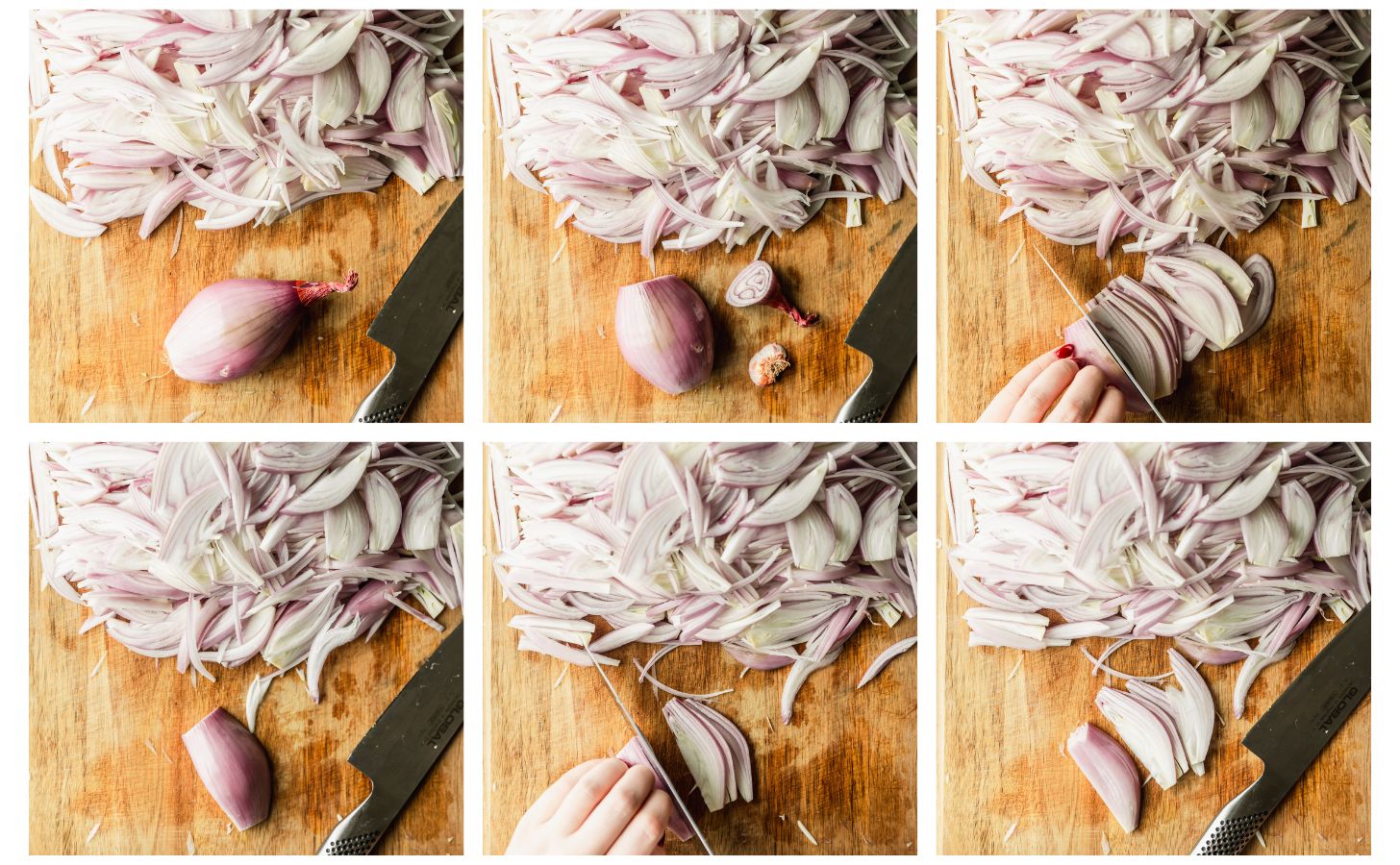 Six steps on how to cut shallots. In photo 1, a full shallot on a wood board. In photo 2, the shallot is cut at both ends. In photo 3, a hand is slicing the shallots. In photo 4, the shallot has been turned. In photo 5, a hand slices the shallots more. In photo 6, the shallots are sliced.