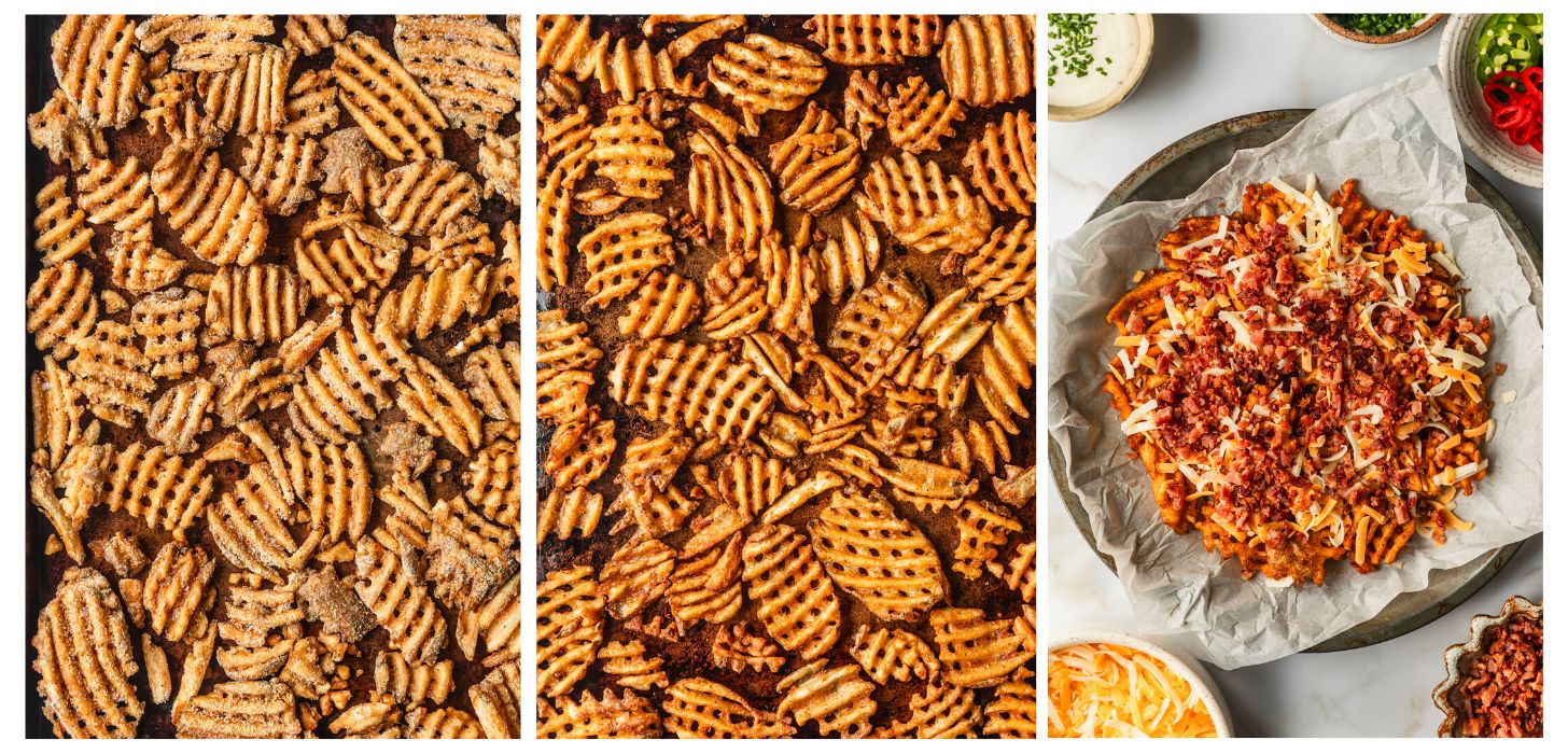 Three steps to making cheesy fries. In photo 1, frozen fries are on a sheet pan. In photo 2, the fries are baked. In photo 3, the fries are in a silver pan topped with cheese and bacon. The pan is on a white counter next to white bowls of cheese, bacon, peppers, and ranch.