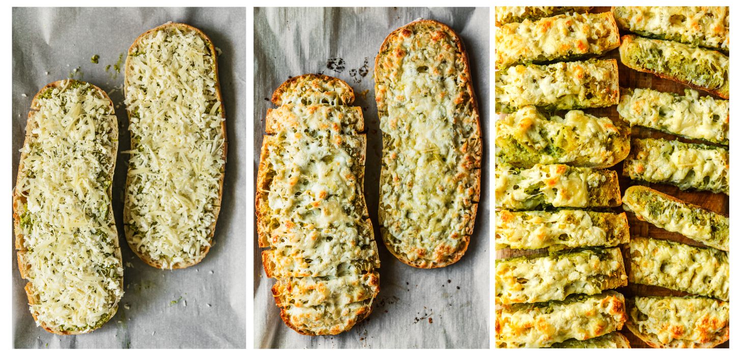 Three steps to making cheesy bread. In photo 1, bread is topped with cheese. In photo 2, the cheese is melted. In photo 3, the bread is sliced.