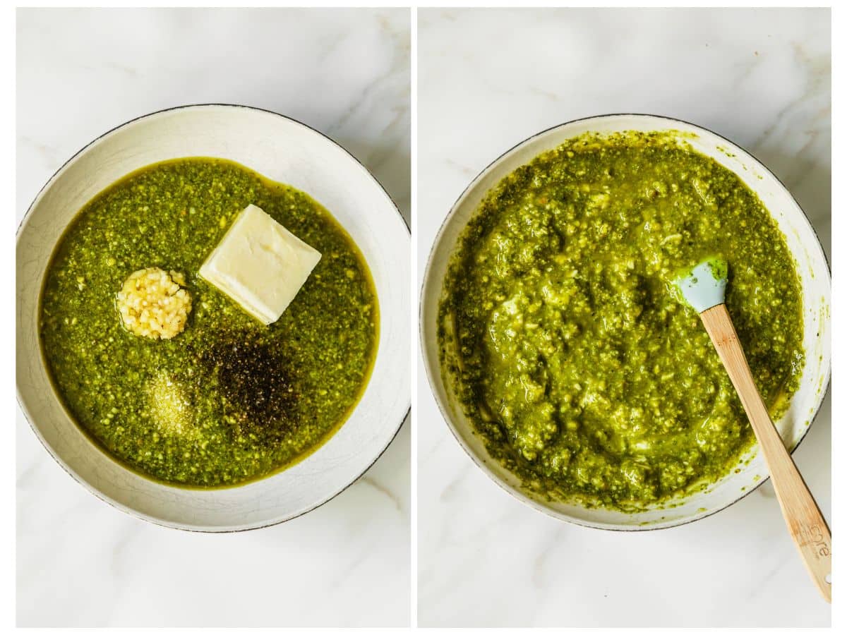 Two steps to making pesto filling. In photo 1, a white bowl has pesto, garlic, and butter. In photo 2, the filling is mixed together.