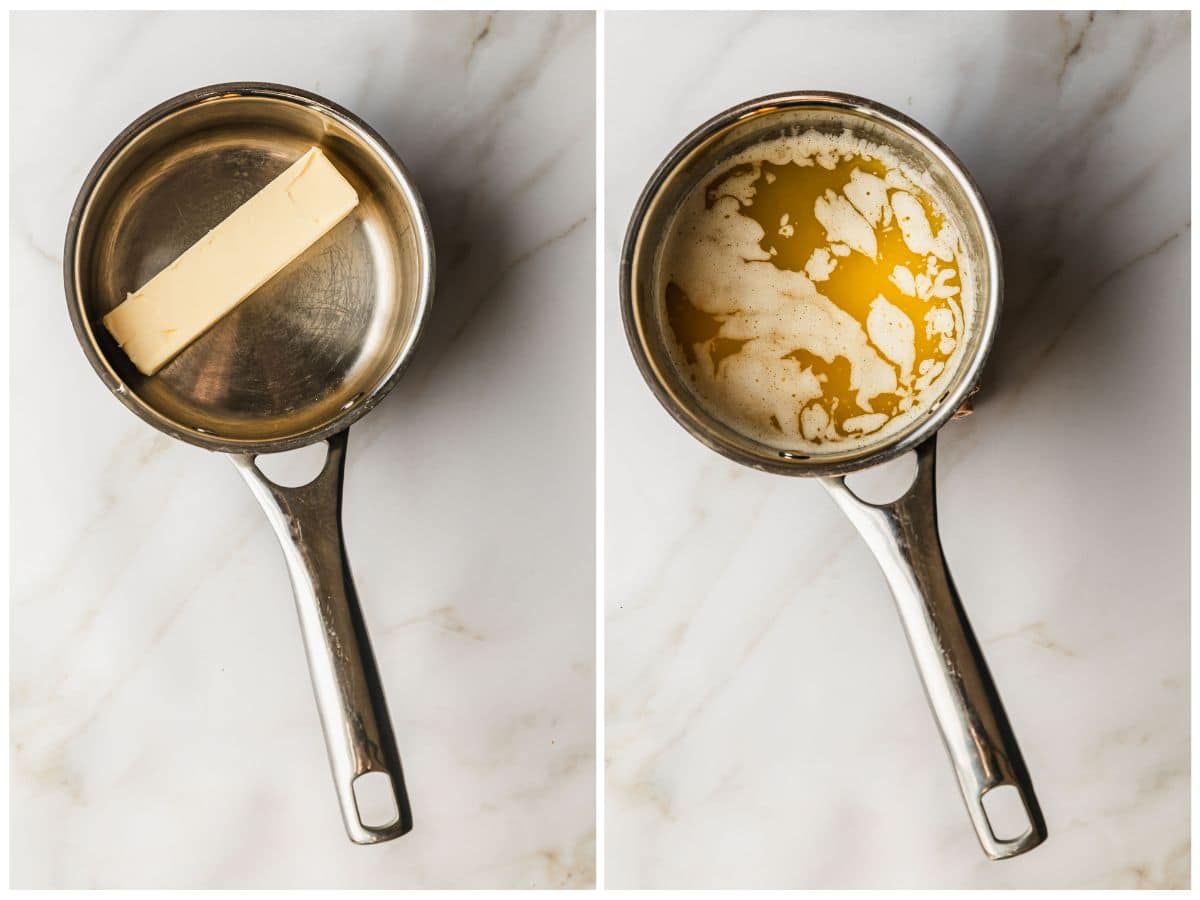 Two steps to melting butter. In photo 1, a stick of butter is in a pot on a white counter. In photo 2, the butter is melted.
