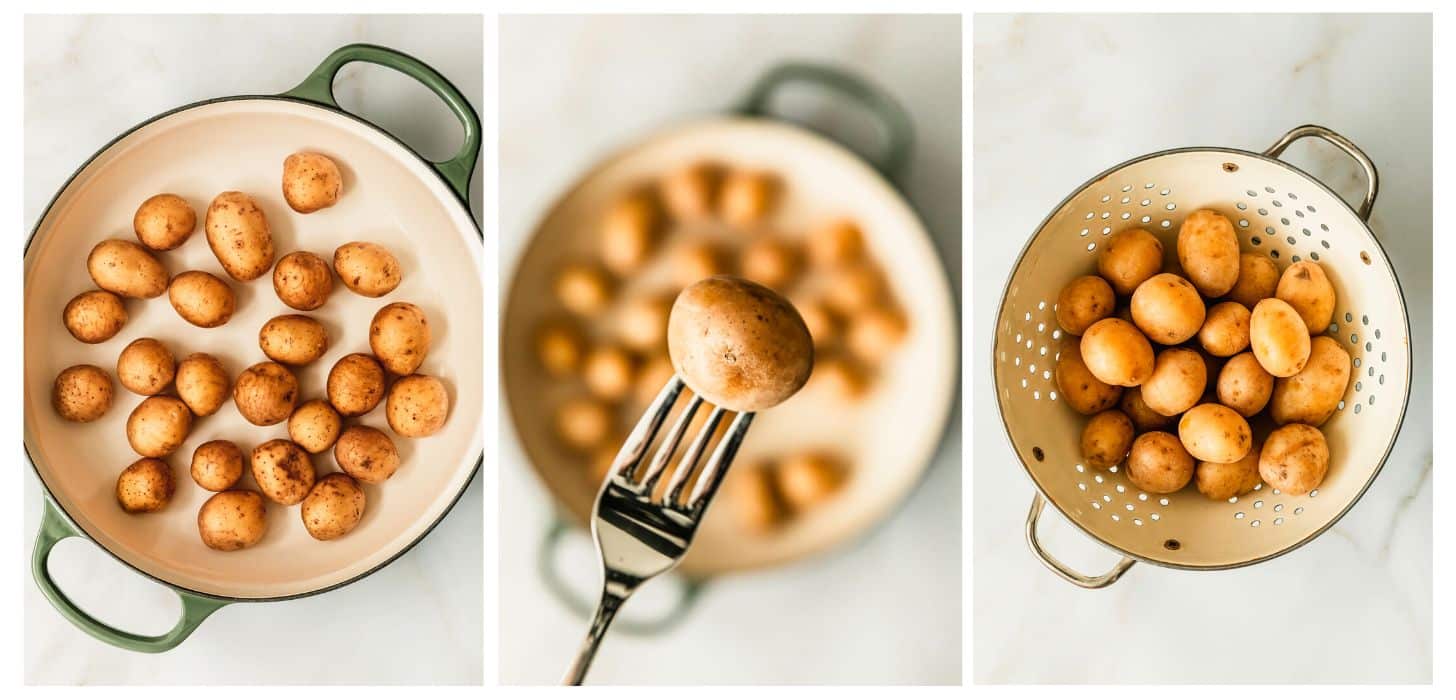 Three steps to boiling potatoes. In step 1, potatoes are in a green Dutch oven on a white counter. In photo 2, a fork is piercing a potato. In photo 3, the potatoes are in a white colander.