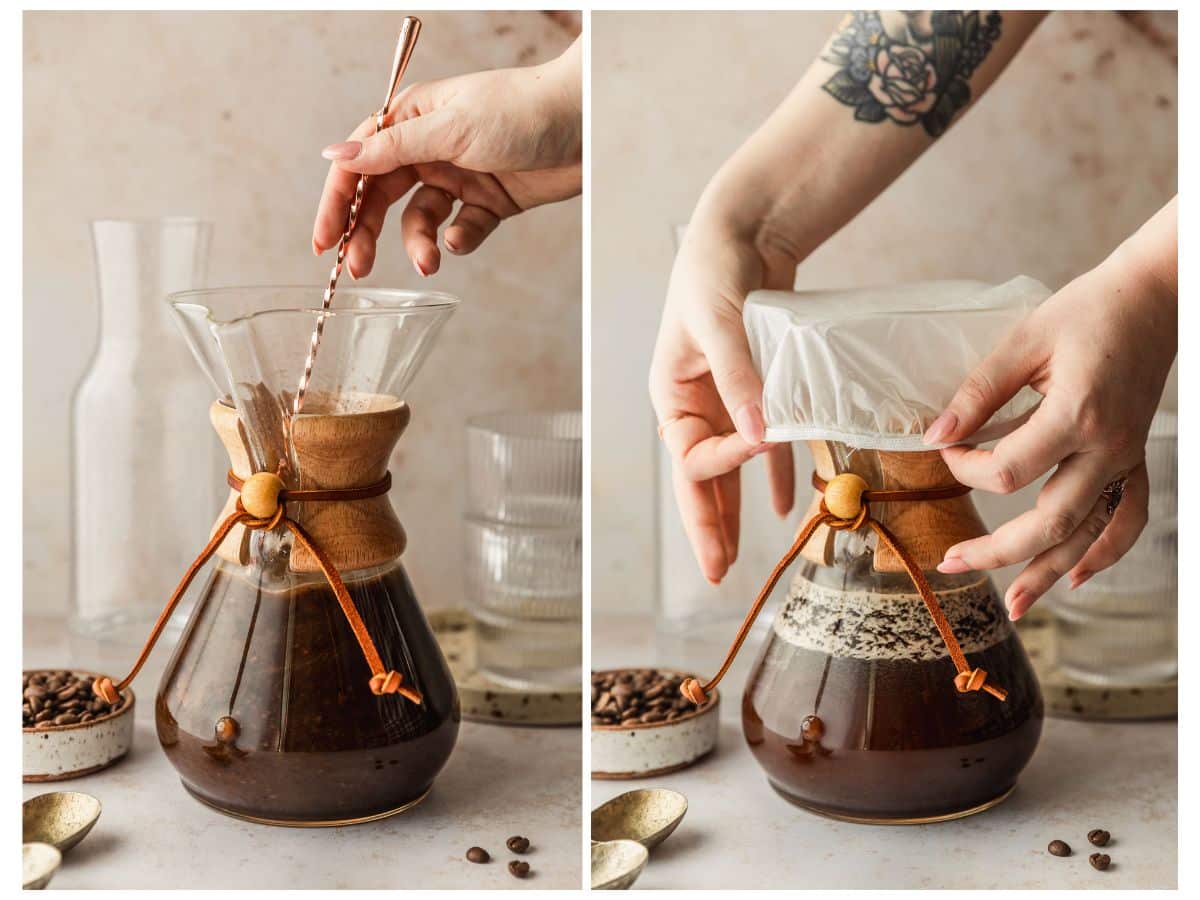 Two steps to making homemade cold brew. In photo 1, a hand stirs coffee together in a Chemex on a beige counter next to gold spoons and a white bowl of coffee beans. In photo 2, hands cover the Chemex with a bowl cover.