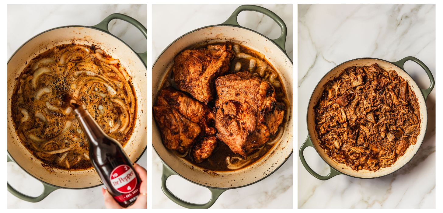 Three steps to making Dutch oven pulled pork. In photo 1, a hand is pouring a bottle of soda in a Dutch oven. In photo 2, the Dutch oven has pork in it. In photo 3, the Dutch oven has shredded pork.