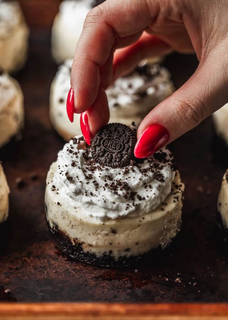 A hand placing mini Oreos on mini cheesecakes.