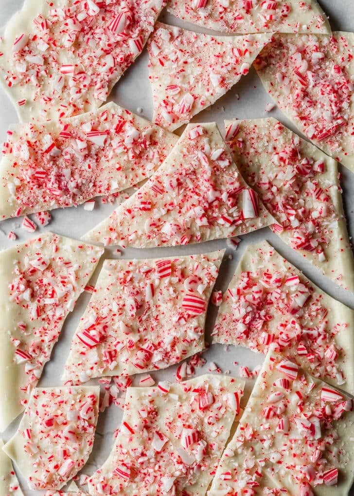 Peppermint bark on parchment paper.