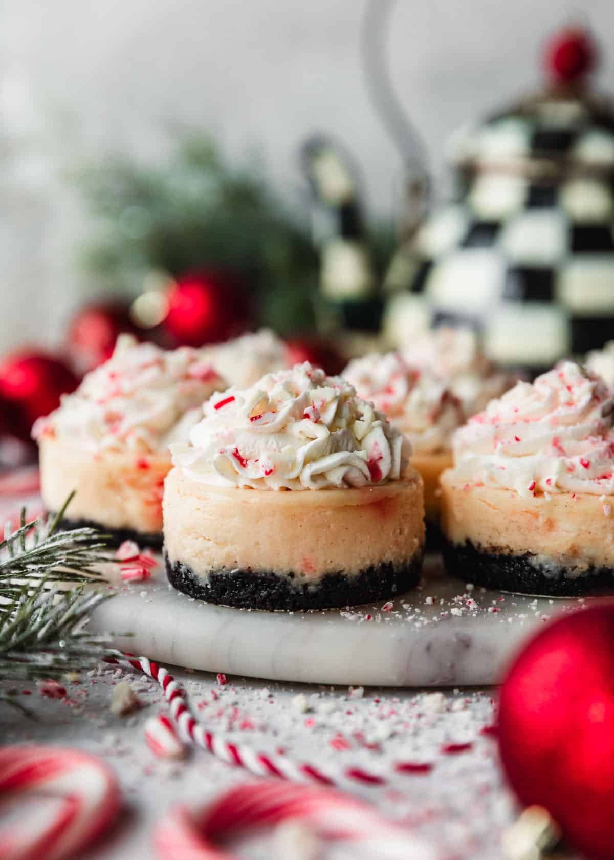 A white platter of mini peppermint bark cheesecakes on a white counter next to garland, candy canes, a checkered kettle, and red ornaments.