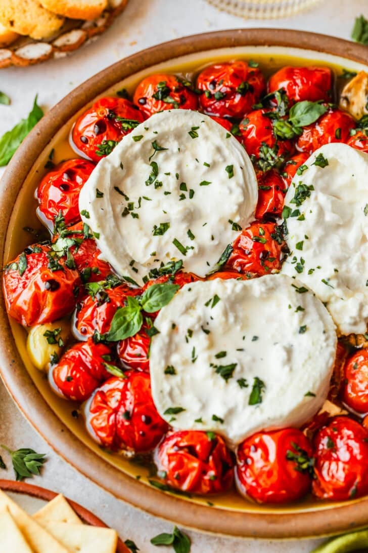 A stoneware plate of roasted tomato burrata dip on a tan counter next to a glass of white wine and brown plates of crackers.