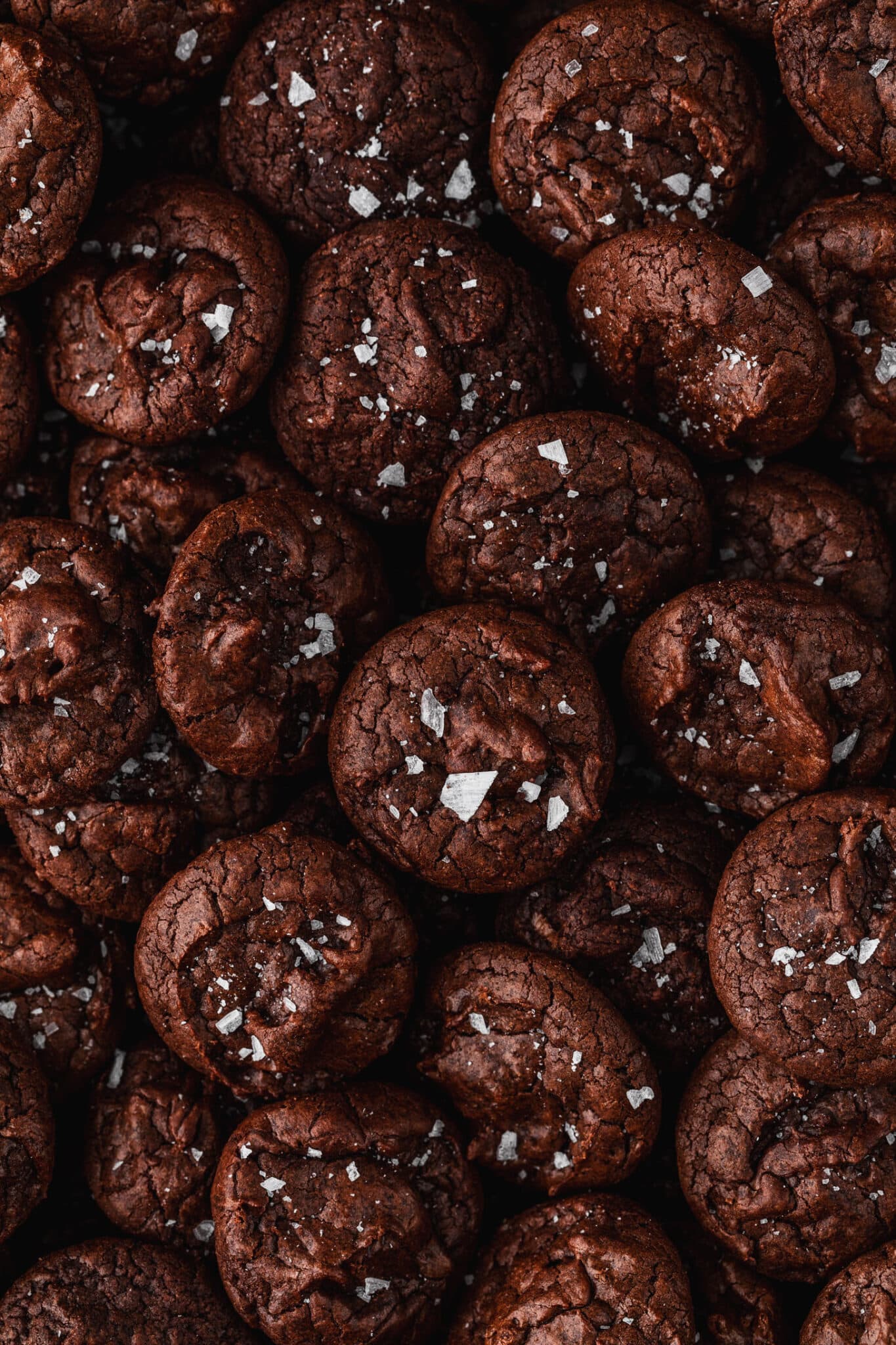 Rows of mini chocolate brownie crinkle cookies with flaky salt.