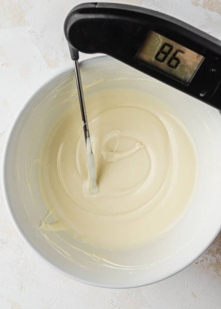 A bowl of chocolate with a thermometer showing 86 degrees.