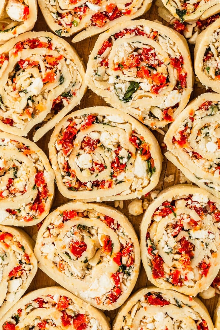 Raw tomato and cheese pinwheels.