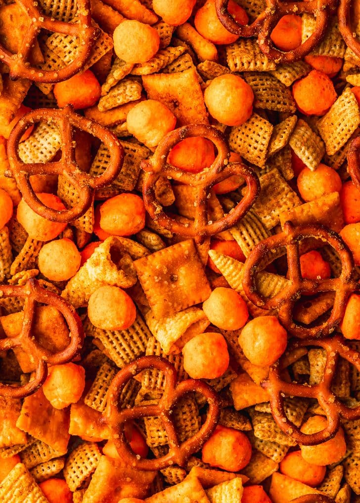 Baked homemade cheddar cheese Chex mix.