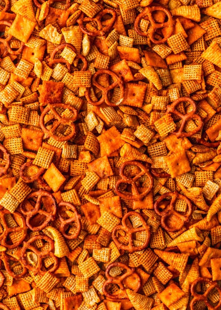 Unbaked homemade cheddar cheese Chex mix.