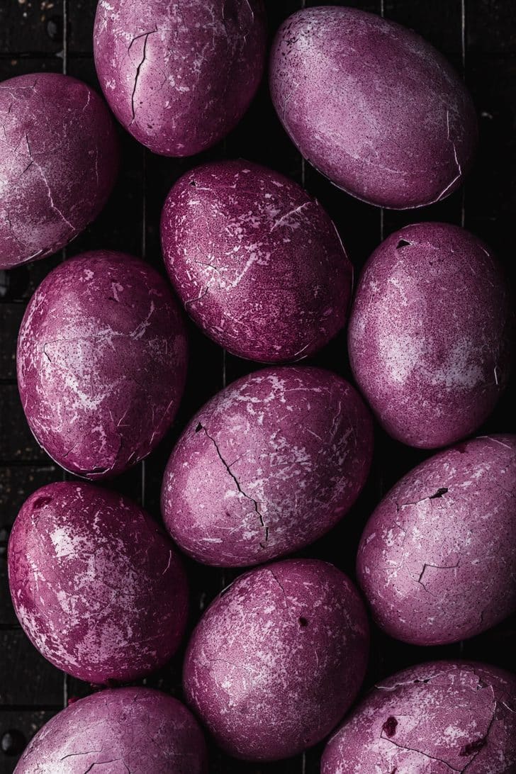 Purple hard-boiled eggs for Halloween deviled eggs.